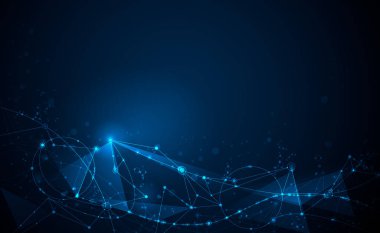 Daireler, çizgiler, geometrik, çokgen, illüstrasyon soyut moleküller üçgen desen. Vektör tasarım ağ iletişim teknolojisi koyu mavi zemin üzerine. Dijital futuristik bilim teknoloji kavramı