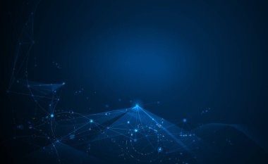 Daireler, çizgiler, geometrik, çokgen, illüstrasyon soyut moleküller üçgen desen. Vektör tasarım ağ iletişim teknolojisi koyu mavi zemin üzerine. Dijital futuristik bilim teknoloji kavramı