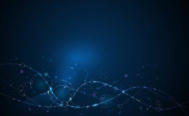 Daireler, çizgiler, geometrik, çokgen, illüstrasyon soyut moleküller üçgen desen. Vektör tasarım ağ iletişim teknolojisi koyu mavi zemin üzerine. Dijital futuristik bilim teknoloji kavramı