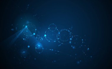 Daireler, çizgiler, geometrik, çokgen, illüstrasyon soyut moleküller üçgen desen. Vektör tasarım ağ iletişim teknolojisi koyu mavi zemin üzerine. Dijital futuristik bilim teknoloji kavramı