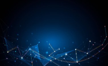 Çizgiler, geometrik, Çokgen, üçgen desen illüstrasyon soyut moleküller. Vektör tasarım ağ iletişim teknolojisi koyu mavi zemin üzerine. Dijital futuristik bilim teknoloji kavramı