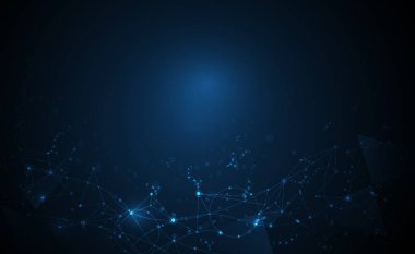 Daireler, çizgiler, geometrik, çokgen, illüstrasyon soyut moleküller üçgen desen. Vektör tasarım ağ iletişim teknolojisi koyu mavi zemin üzerine. Dijital futuristik bilim teknoloji kavramı