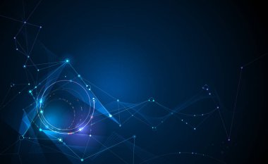 Daireler, çizgiler, geometrik, çokgen, illüstrasyon soyut moleküller üçgen desen. Vektör tasarım ağ iletişim teknolojisi koyu mavi zemin üzerine. Dijital futuristik bilim teknoloji kavramı