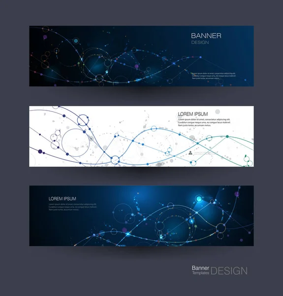 Pancartas Moléculas Abstractas Con Círculos Líneas Geométrico Polígono Fondo Comunicación — Vector de stock