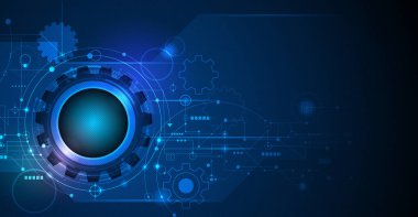 Vektör çizim dişli, tekerlek ve devre kartı, yüksek teknoloji dijital teknoloji ve mühendislik, Modern dijital Telekom teknoloji kavramı. Koyu mavi renk arka plan üzerinde fütüristik soyut