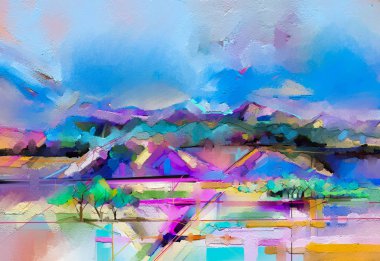 Soyut yağlı boya tablo manzarası. Renkli mavi mor gökyüzü. Yağlı boya, tuvalin üzerinde. Yarı soyut ağaç, tarla, çayır. Soyut Peyzaj Doğası, arka plan için çağdaş sanat