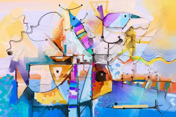 Abstrakt Oljemålning Färgglada Fantasi Semi Abstrakt Träd Blommor Och Fisk — Stockfoto