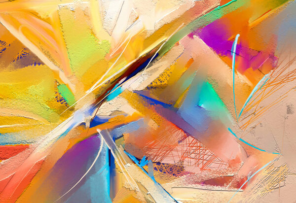 Абстрактное красочное масло, акриловая живопись на холсте текстуры. Ручной штрих кистью, фон живописи маслом. Современное искусство живописи маслом желтого, красного цвета. Современное искусство для фона
