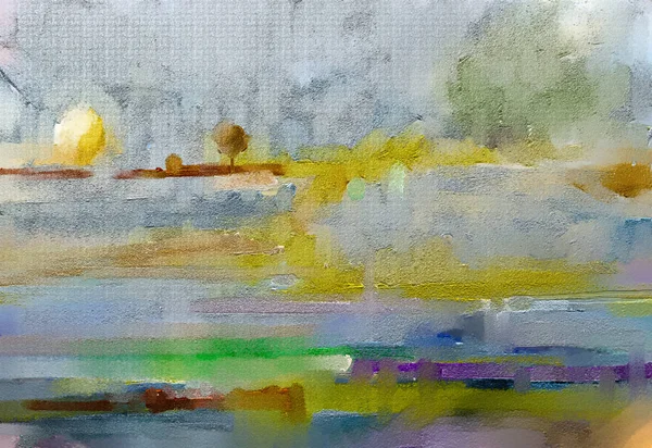 抽象的な油彩 アクリル絵画 屋外の風景 油絵メタリック イエロー ゴールド カラー キャンバス上 カラフルなツリーの半抽象的なフィールド 牧草地 — ストック写真