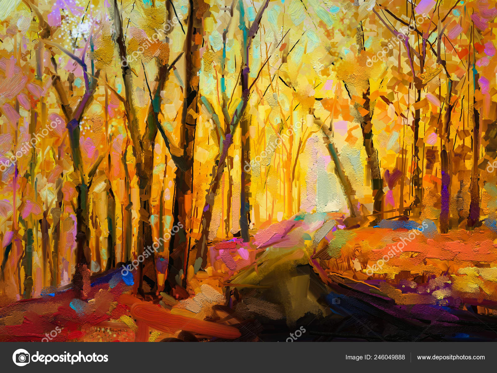 油絵 絵画 【森の紅葉】 油絵色鮮やかな紅葉 森の半抽象的なイメージ