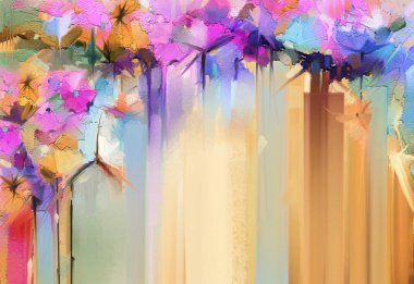 Soyut renkli yağ, bahar çiçeğinin akrilik resmi. Elle boyanmış fırça darbesi. Arka plan için çiçek boyası çizimi. Modern sanat çiçekleri sarı, kırmızı renkte..