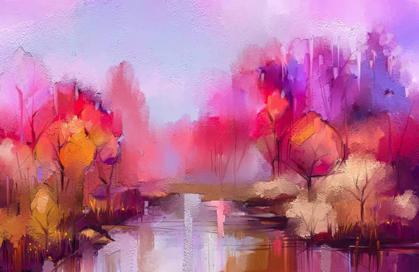Живопись маслом красочные осенние деревья. Полуабстрактное изображение леса, пейзажей с желтым - красным листом и озером — стоковое фото