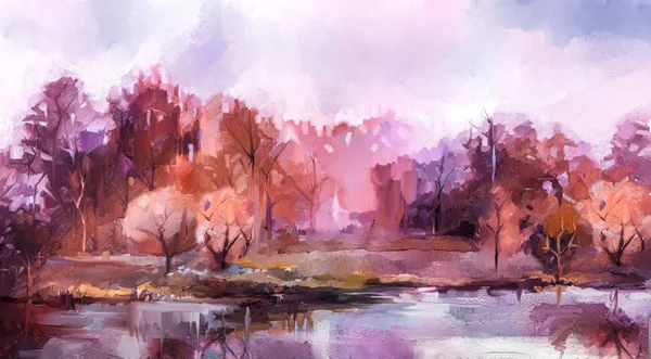 Peinture à l'huile arbres d'automne colorés. Image couleur de peinture vintage du paysage, forêt avec jaune, feuille rouge et lac . — Photo