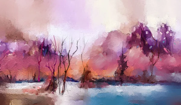 Ελαιογραφία πολύχρωμα δέντρα φθινοπώρου. Vintage χρώμα χρωμάτων εικόνα του τοπίου, δάσος με κίτρινο, κόκκινο φύλλο και λίμνη — Φωτογραφία Αρχείου