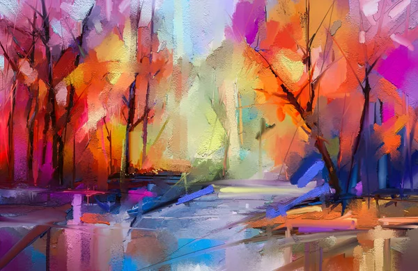 Pintura al óleo coloridos árboles de otoño. Imagen semi abstracta del bosque, paisajes con amarillo - hoja roja y lago — Foto de Stock