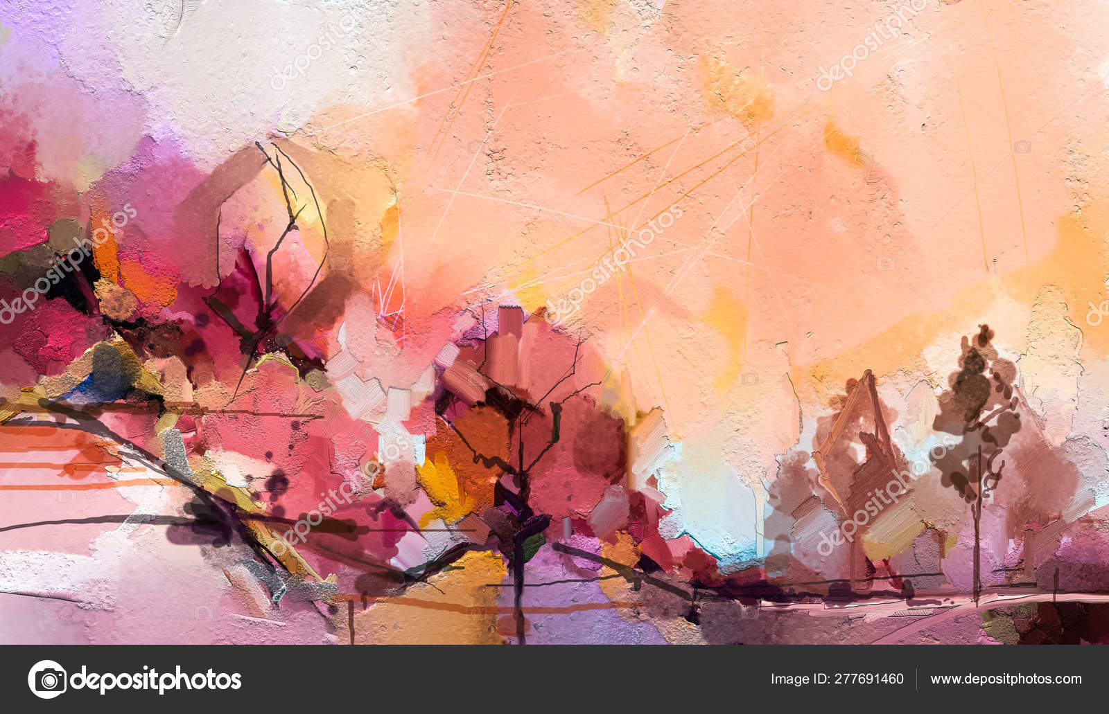 Oil painting outdoor on canvas. Semi abstract tree ,field, meadow. Abstraction Landscape nature