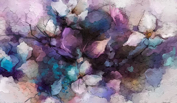 摘要油画风景画五彩斑斓的蓝紫色天空油画在帆布上的户外半抽象树抽象