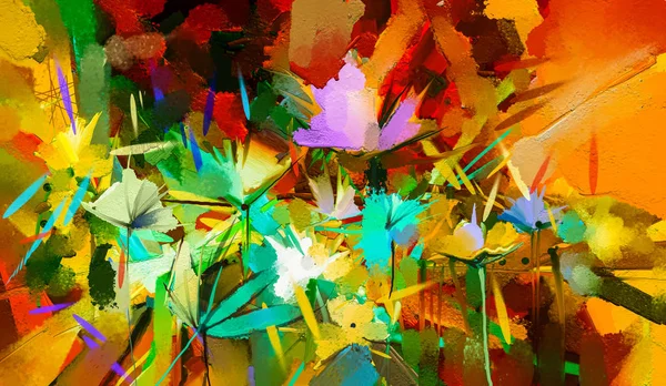 Óleo colorido abstrato, pintura acrílica de flor de primavera. Ilustração pintura a óleo floral para fundo. Pinturas de arte moderna flores com amarelo, cor vermelha . — Fotografia de Stock