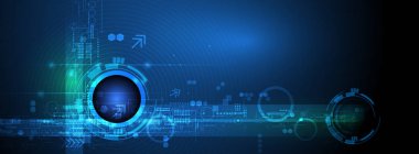 Devre kartı, illüstrasyon yüksek bilgisayar ve iletişim teknolojileri mavi renk arka plan üzerinde vektör soyut fütüristik göz küresi.