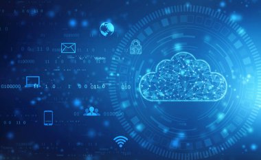 Bulut hesaplama kavramının dijital illüstrasyonu, Bulut internet teknolojisi kavramı arka plan, Bulut hesaplama ve ağ güvenliği teknolojisi kavramı