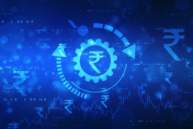 Hindistan borsasının büyümesi, borsa grafiği. Soyut finans geçmişi, borsa grafiği, finansal arka planda Hint Rupisi sembolü
