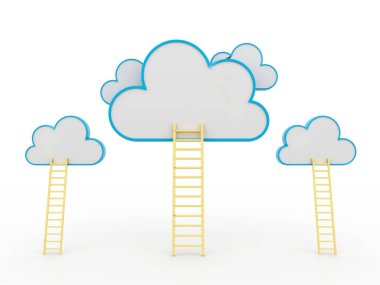 Bulut Hesaplama konsepti, yarışma konsepti, beyaz arka planda merdivenli bulutlar. 3d hazırlayıcı