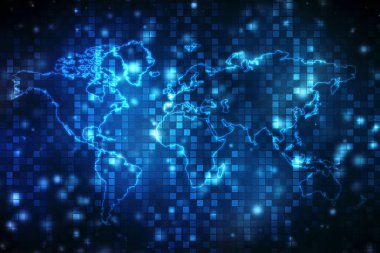 Küresel ağ bağlantısı kavramı. Büyük veri görselleştirmesi. Küresel bilgisayar ağlarındaki sosyal ağ iletişimi. İkili kodlu dünya, internet teknolojisi