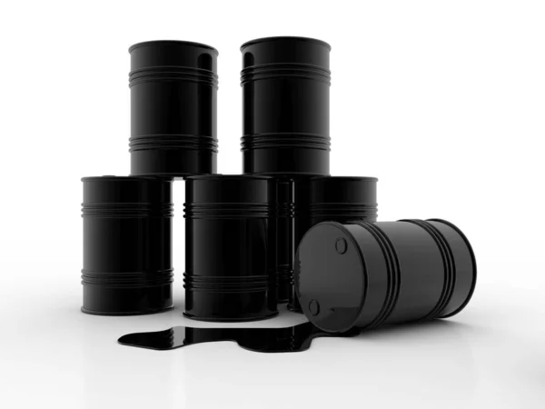 石油天然气行业黑色背景下的黑油桶三维图解 — 图库照片