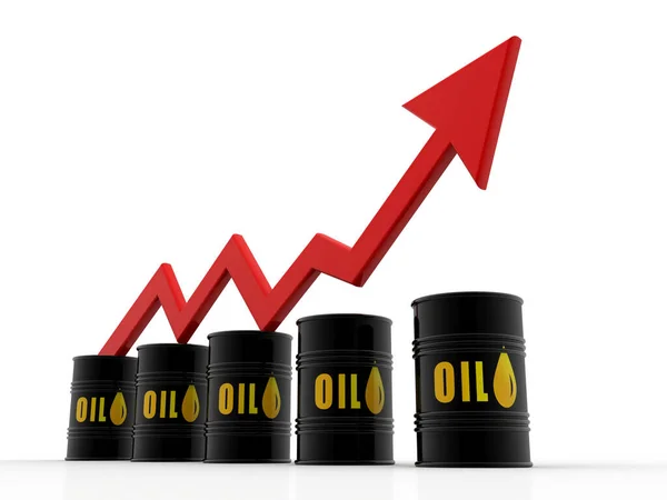 油价上涨 油价高企 红箭油桶在白色背景下上升 3D渲染 — 图库照片