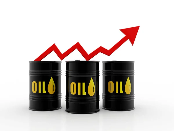 油价上涨 油价高企 红箭油桶在白色背景下上升 3D渲染 — 图库照片