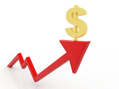 Dolar işaretli iş grafiği. Dolar büyüme konsepti. Beyaz arka planda dolar ve kırmızı yukarı doğru ok. 3d oluşturma