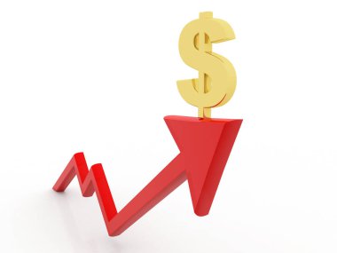Dolar işaretli iş grafiği. Dolar büyüme konsepti. Beyaz arka planda dolar ve kırmızı yukarı doğru ok. 3d oluşturma
