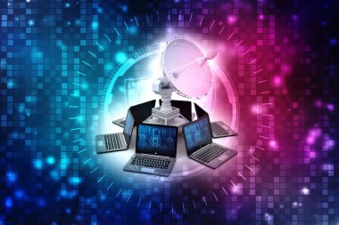 Uydu ve Bilgisayar ile küresel iletişim, internet iletişimi. 3d oluşturma 