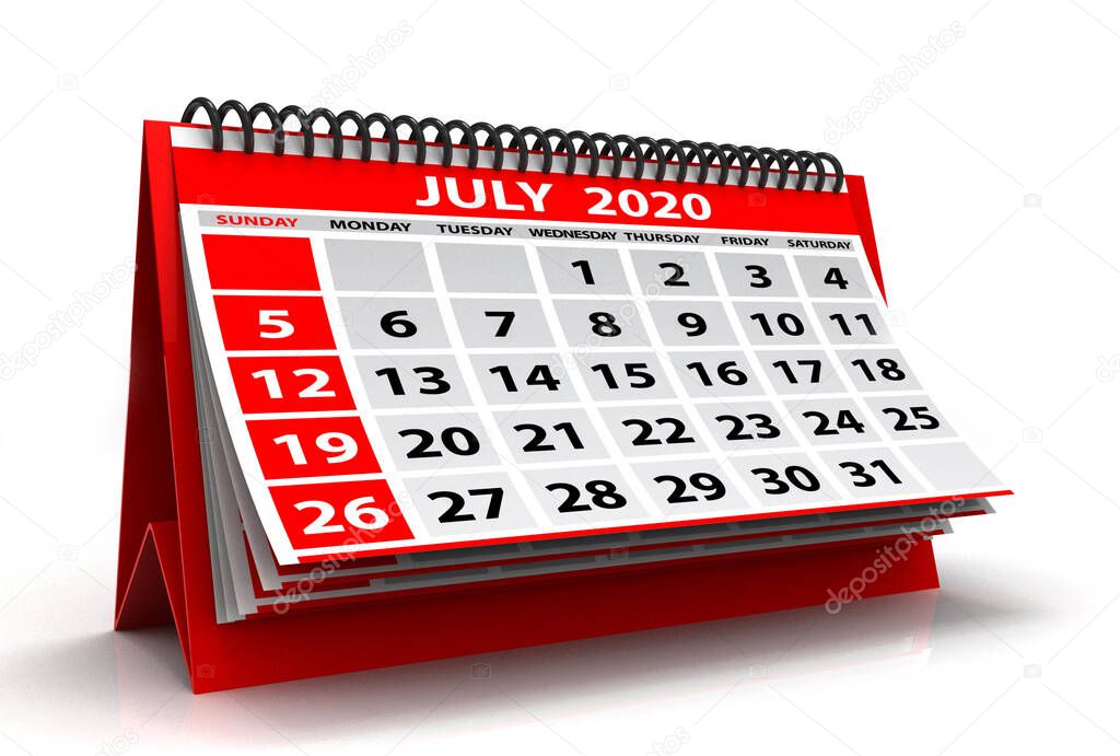July 2020 Calendar Isolated on White Background. Spiral Calendar July 2020. 3D Illustration