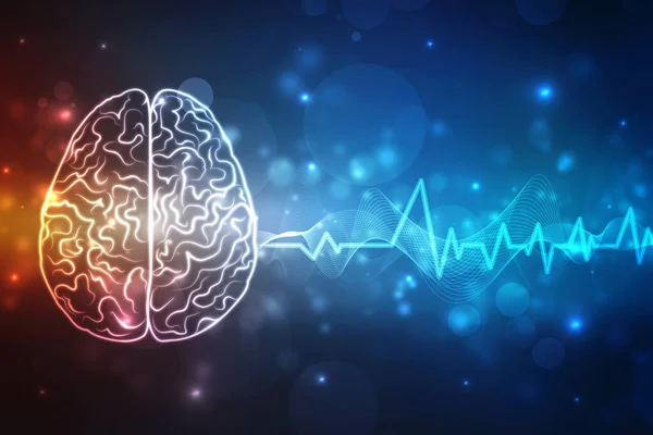要約青の背景技術における脳波の概念 人間の脳構造のデジタルイラスト 創造的な脳の概念背景 思考の概念 イノベーションの背景 — ストック写真