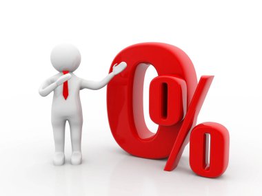 Beyaz arka planda% 0 izole edilmiş. Adam sıfır yüzdeyi işaret ediyor. 3d hazırlayıcı