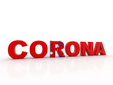 Beyaz arka planda izole edilmiş, steteskoplu Corona virüsü kelimesi