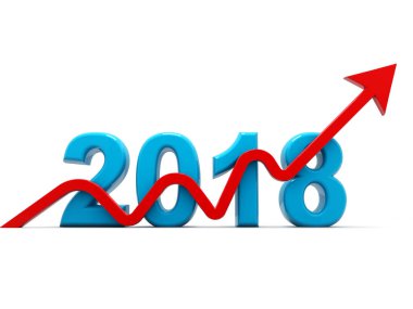 İşletme grafiği ok yukarı ve 2018 sembollü, 2018 yılındaki büyümeyi temsil ediyor. 3B illüstrasyon
