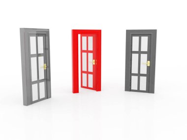 Doğru seçim kırmızı kapı konsepti, seçimini yap. Fırsat kavramı. 3d hazırlayıcı