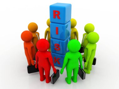 Risk, Risk Yönetimi Konsepti, beyaz arka planda izole iş adamı. 3d hazırlayıcı