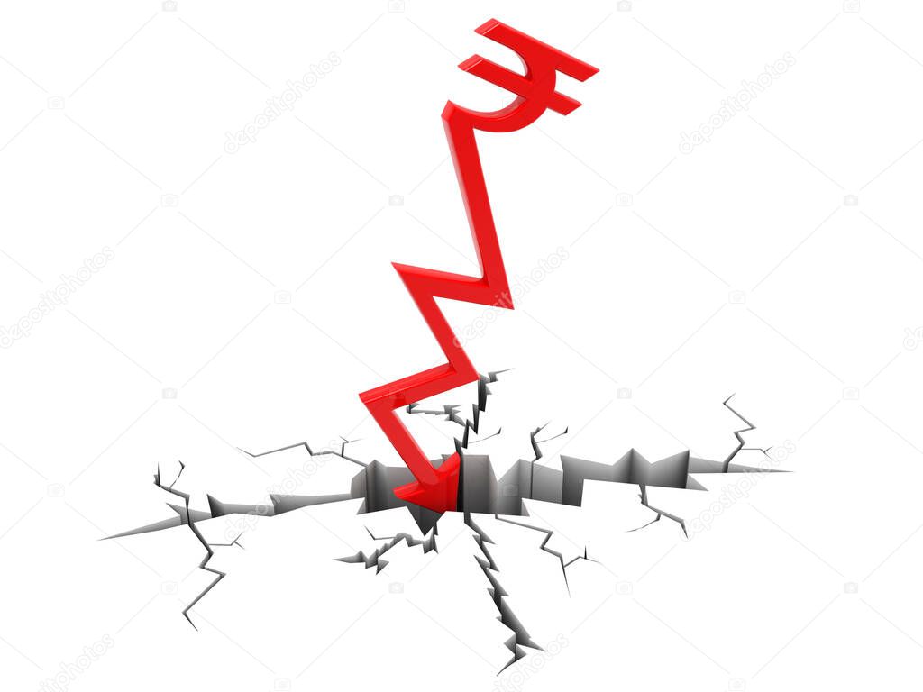 Red Indian Rupee Symbol Down to Ground, Falling red arrow with symbol of rupee, crisis concept. 3D rendering isolated on white background 