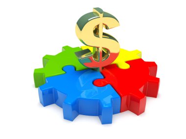 Dolar çözeltisi, yapboz parçalı dolar beyaz arka planda izole edilmiş. 3d illüstrasyon