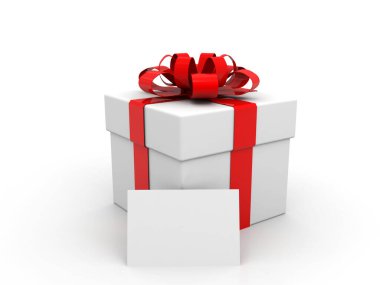 Kırmızı kurdeleli beyaz karton kutu ve boş boşluklu yay. Beyaz arka planda hediye kutusu. Mutlu yıllar Noel düğünü ya da Sevgililer Günü paketi tasarımı. 3d hazırlayıcı