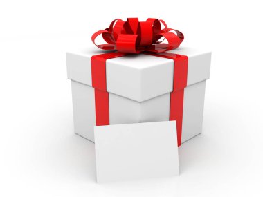 Kırmızı kurdeleli beyaz karton kutu ve boş boşluklu yay. Beyaz arka planda hediye kutusu. Mutlu yıllar Noel düğünü ya da Sevgililer Günü paketi tasarımı. 3d hazırlayıcı