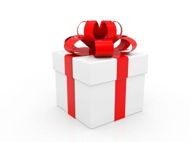 Kırmızı kurdeleli beyaz karton kutu ve fiyonk. Beyaz arka planda hediye kutusu. Mutlu yıllar Noel düğünü ya da Sevgililer Günü paketi tasarımı. 3d hazırlayıcı