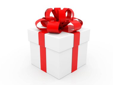 Kırmızı kurdeleli beyaz karton kutu ve fiyonk. Beyaz arka planda hediye kutusu. Mutlu yıllar Noel düğünü ya da Sevgililer Günü paketi tasarımı. 3d hazırlayıcı