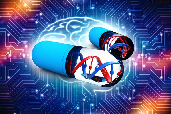 Genetic Medicine with DNA isolated in digital background. medical capsule with a DNA molecule structure inside. 3d render
