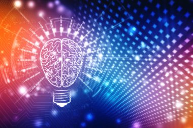 Ampul gelecek teknolojisi, yenilik geçmişi, yaratıcı fikir konsepti, Yapay Zeka kavramı, teknoloji arka planı ampul simgesi