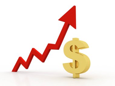 Dolar işaretli iş grafiği. Dolar büyüme konsepti. Beyaz arka planda dolar ve kırmızı yukarı doğru ok. 3d oluşturma