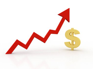 Dolar işaretli iş grafiği. Dolar büyüme konsepti. Beyaz arka planda dolar ve kırmızı yukarı doğru ok. 3d oluşturma